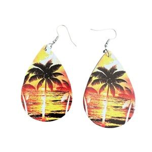 Beach Sunset Teardrop Shaped Leather Drop Earrings